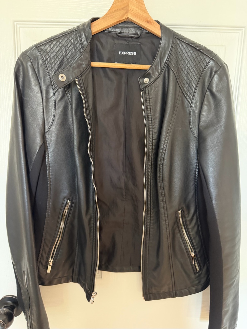 Express Black Quilted-Shoulder Leather Jacket